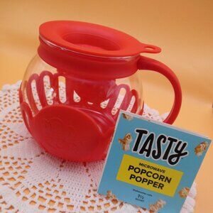 popcorn popper microwave glass silicone red cover over clear glass lid & instr